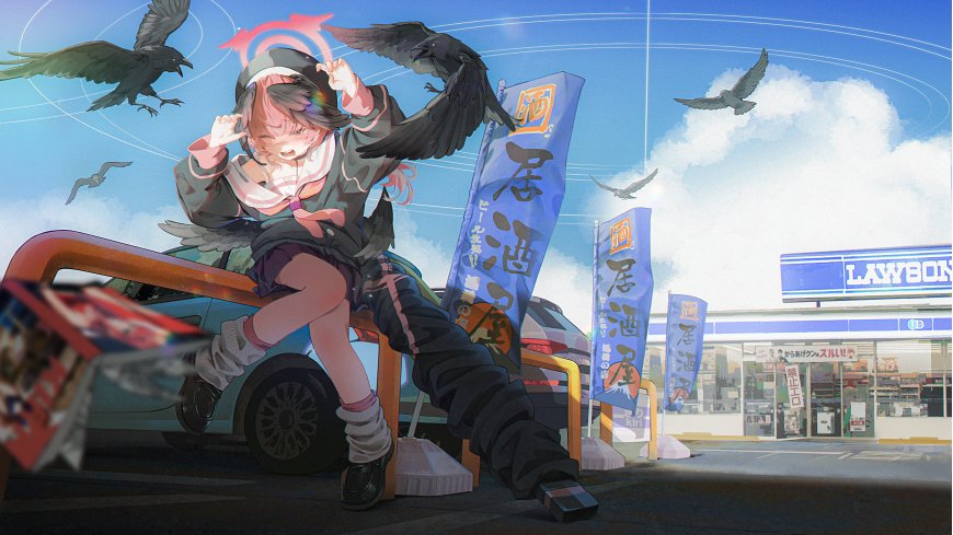 动漫少女粉发黑鸦环绕便利店前蓝白清新动漫电脑壁纸