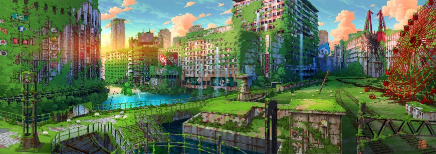 废土城市绿植覆盖摩天楼与摩天轮蓝橙黄昏插画电脑壁纸