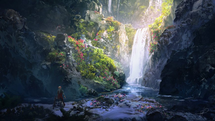幽谷瀑布花海少女持剑伫立蓝绿光影奇幻插画电脑壁纸