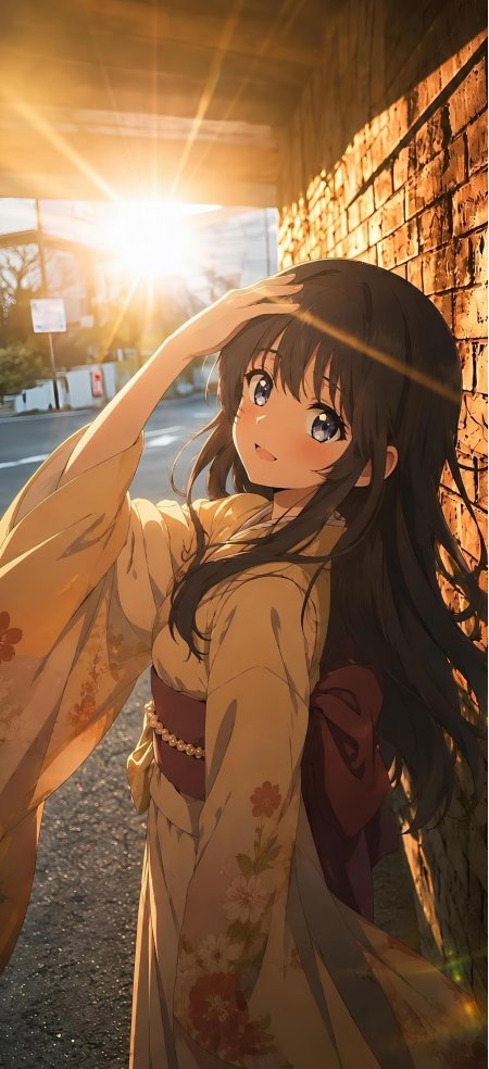 动漫少女和服倚墙夕阳暖金光影唯美手机壁纸