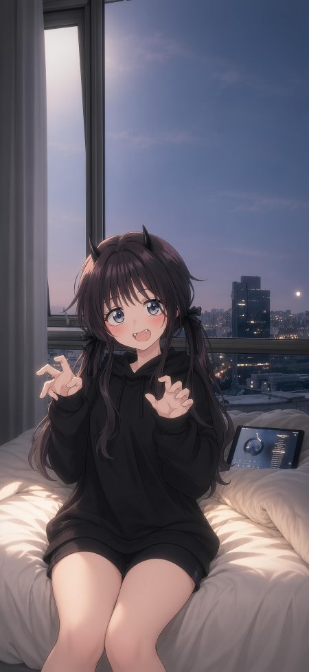 动漫少女黑发双马尾戴小角帽穿黑连帽衫坐床边微笑蓝紫黄昏城市窗景动漫手机壁纸