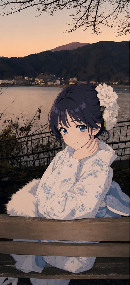 动漫少女蓝眸白花和服湖畔黄昏暖橙风景手机壁纸