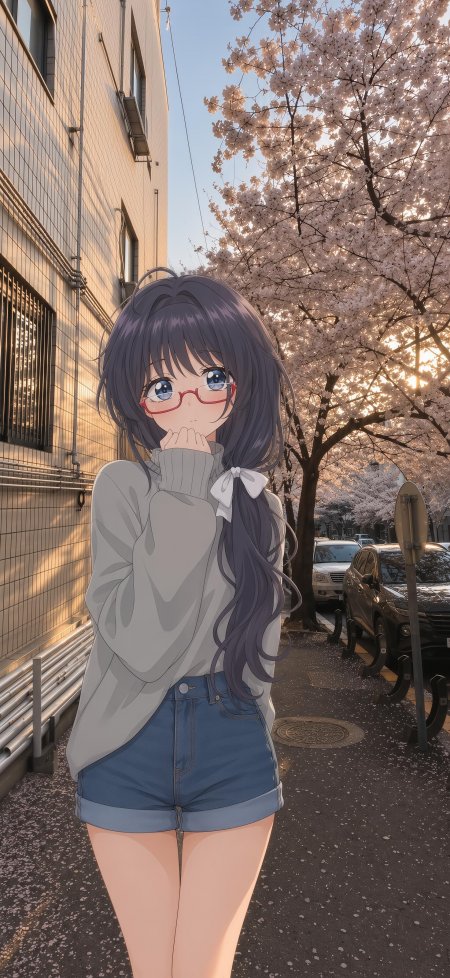 动漫少女紫发红框眼镜灰毛衣牛仔短裤樱花街道暖金光影动漫手机壁纸