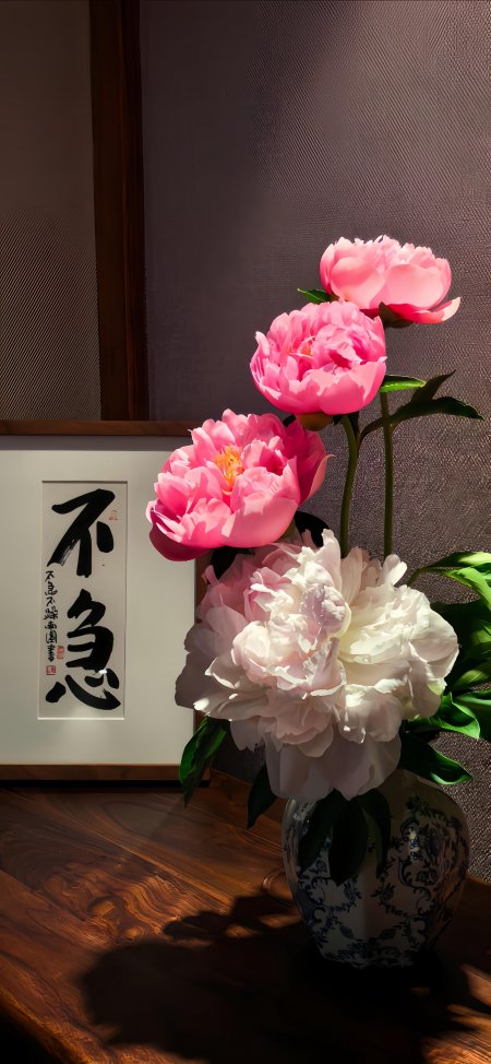 粉白牡丹盛放青花瓷瓶静物特写暖金人文风土创意手机壁纸