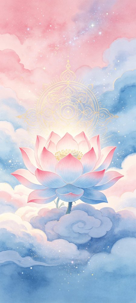 粉蓝渐变莲花绽放云海星辉金色曼陀罗图案唯美奇幻手机壁纸