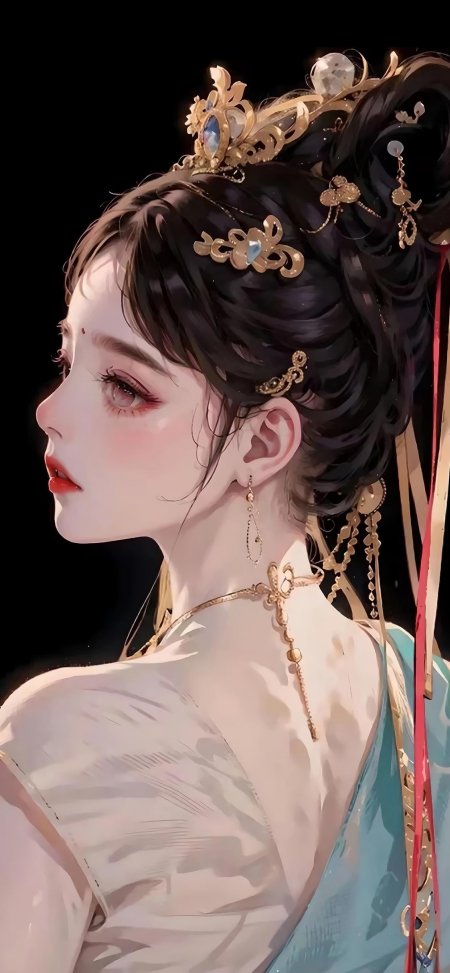古风少女黑发金饰蓝衣侧颜唯美动漫手机壁纸