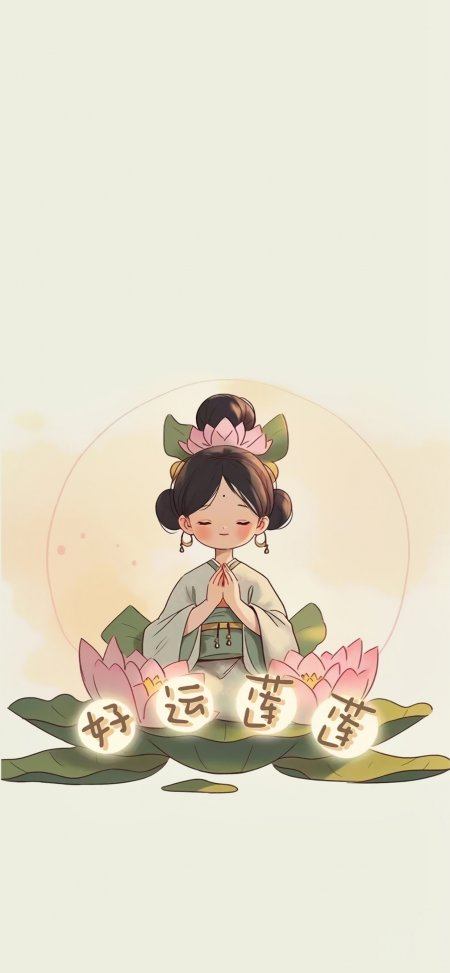 古风少女莲花坐禅合十祈福粉绿唯美动漫手机壁纸