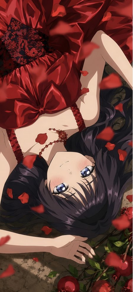 黑发蓝眼少女红裙花瓣散落暗红唯美动漫手机壁纸
