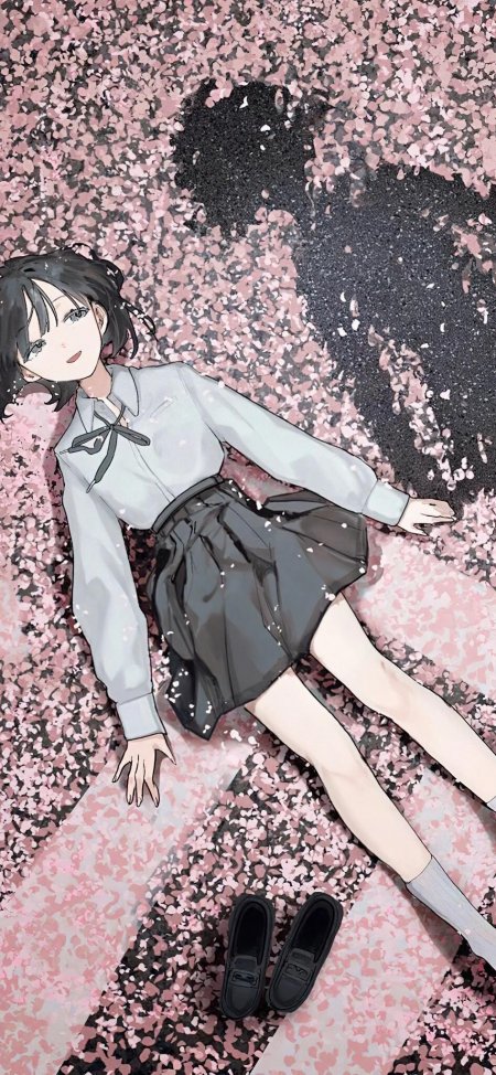 黑发少女躺卧樱花雨中浅灰校服粉紫动漫手机壁纸