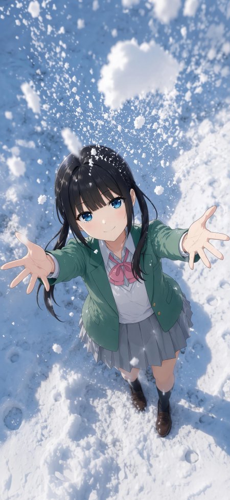 黑发蓝眼少女雪中伸手微笑清新蓝白动漫手机壁纸