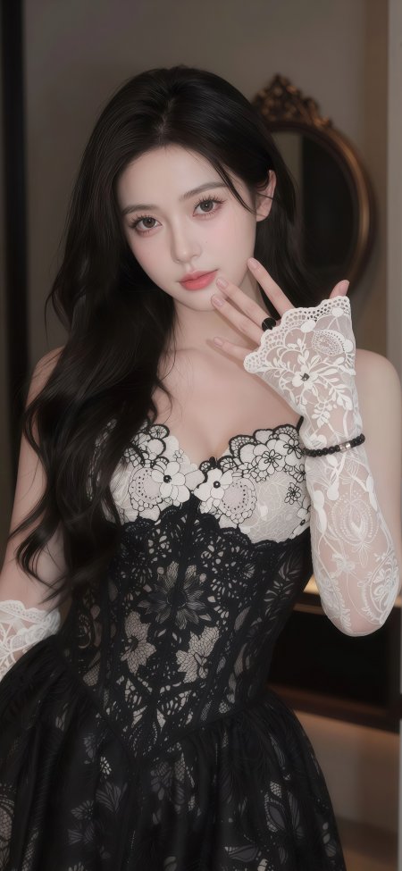 黑发长卷少女蕾丝黑白礼服优雅姿态暖调人物摄影手机壁纸