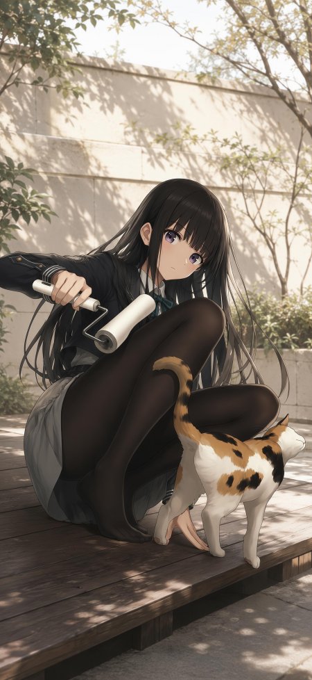 黑长直紫瞳少女持滚筒蹲坐木台三花猫相伴暖光动漫手机壁纸