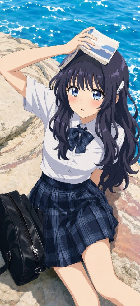 黑长直蓝眼少女海边读书白衬衫格裙动漫手机壁纸