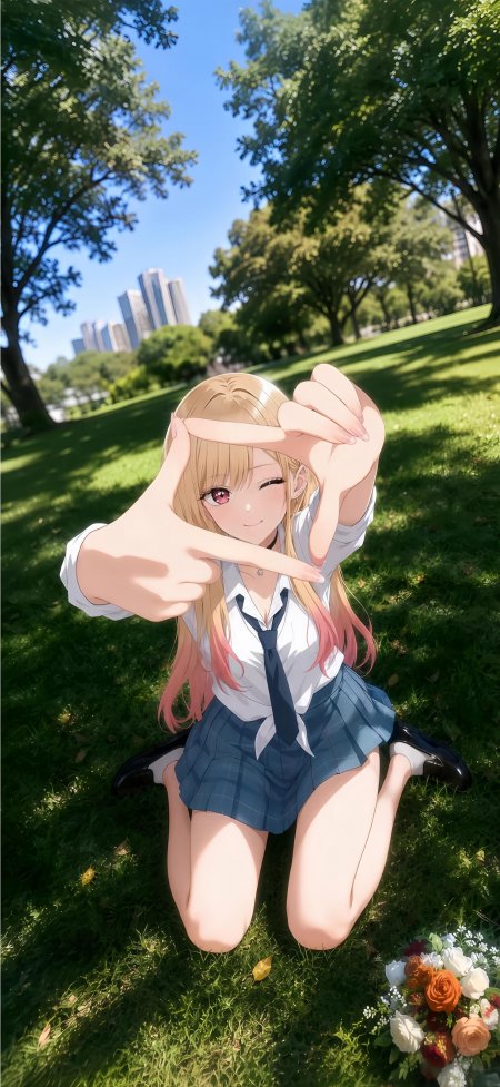 金发粉尾少女草坪比心动漫角色蓝白清新动漫手机壁纸
