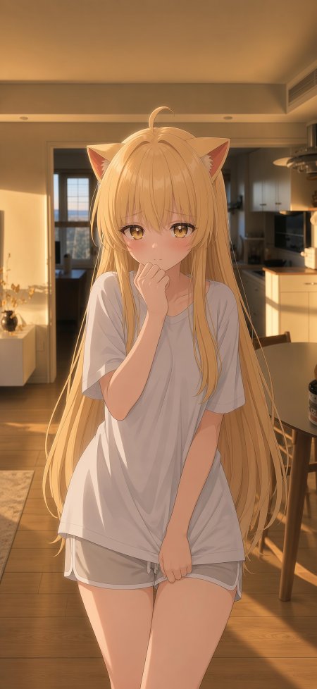 金发猫耳少女居家捂嘴羞涩暖金动漫手机壁纸
