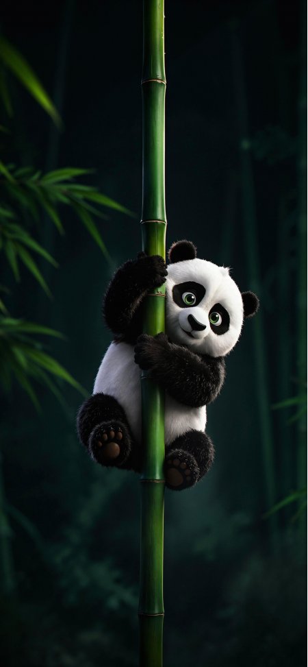 可爱熊猫幼崽攀爬翠竹绿意盎然萌宠手机壁纸