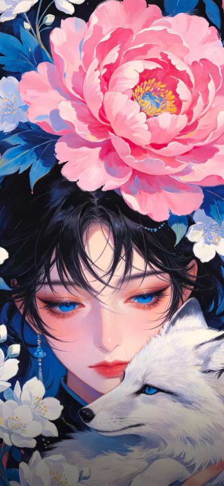 蓝眸黑发少女头戴粉牡丹白狐依偎蓝白花卉植物动漫手机壁纸