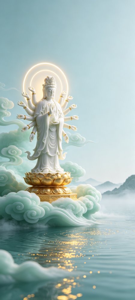 千手观音白玉雕像祥云环绕金光青蓝水墨风佛教艺术创意手机壁纸