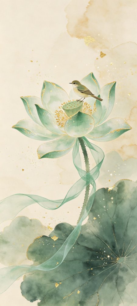 青莲绽放金边点缀小鸟栖息淡雅古风花卉植物手机壁纸