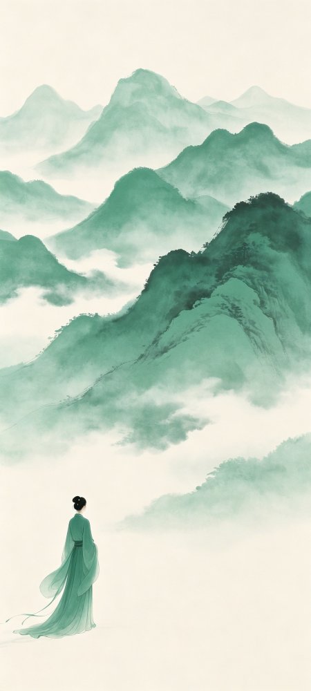 青绿山水云雾缭绕古风少女背影淡雅水墨人文风土手机壁纸