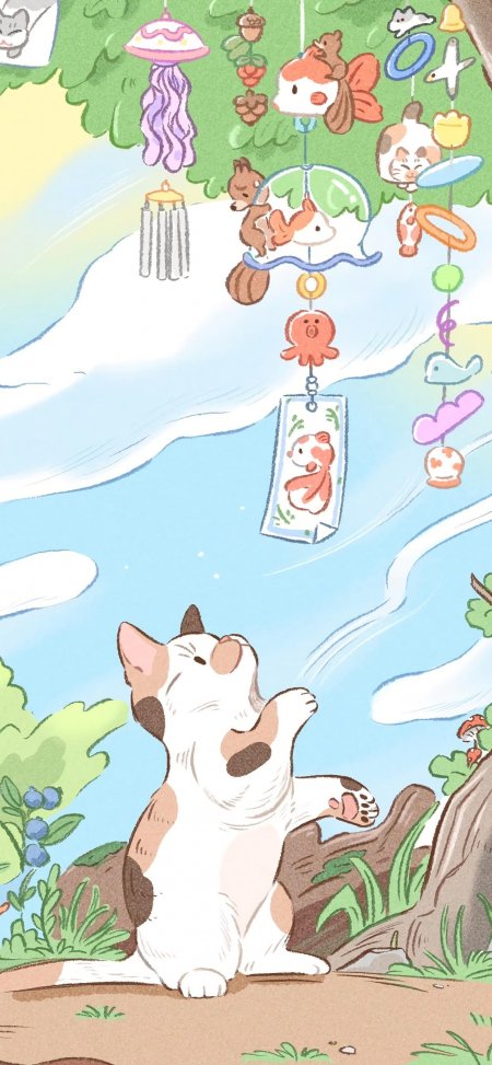 三花猫仰望风铃挂饰森林清新萌宠动漫手机壁纸