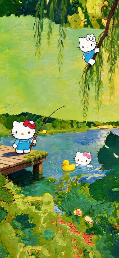 三只猫咪湖边垂钓嬉戏绿意盎然动漫手机壁纸