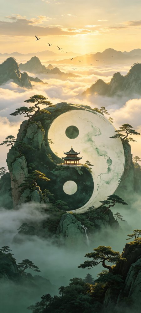 太极图山巅古亭云海飞鸟金绿人文风土创意手机壁纸