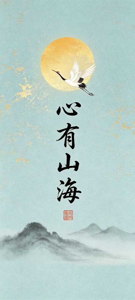仙鹤飞越金日云山心有山海蓝金古风意境手机壁纸