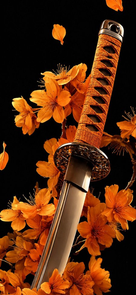 武士刀橙花飞舞黑底暗金创意手机壁纸