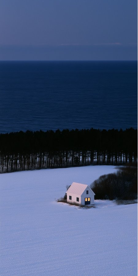 雪地小屋暖光窗影蓝紫风景手机壁纸