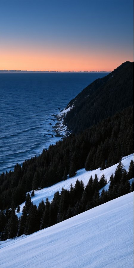 雪山森林海岸线日落蓝橙渐变风景手机壁纸