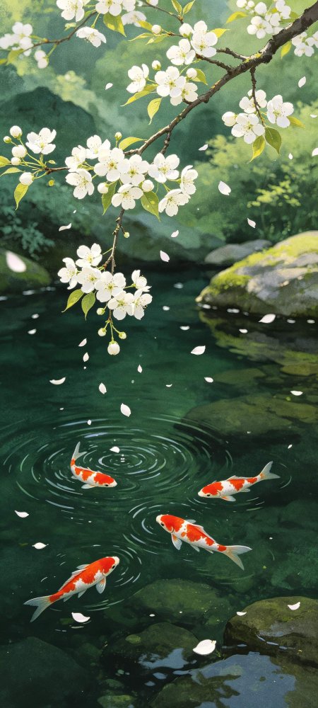 樱花飘落溪流锦鲤游弋青绿风景插画手机壁纸
