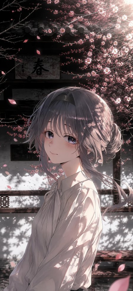 樱花树下灰发蓝眼少女微笑侧身粉紫唯美动漫手机壁纸