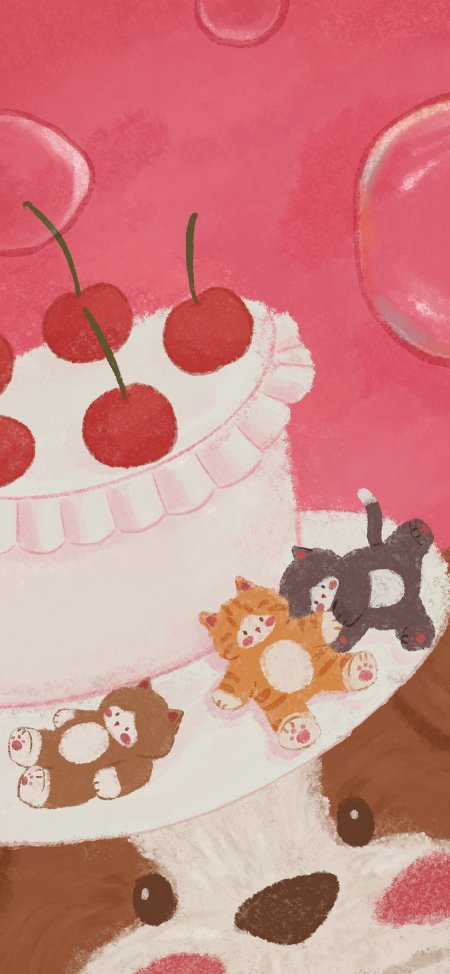 樱桃蛋糕旁三只小猫躺卧粉红甜美插画创意手机壁纸