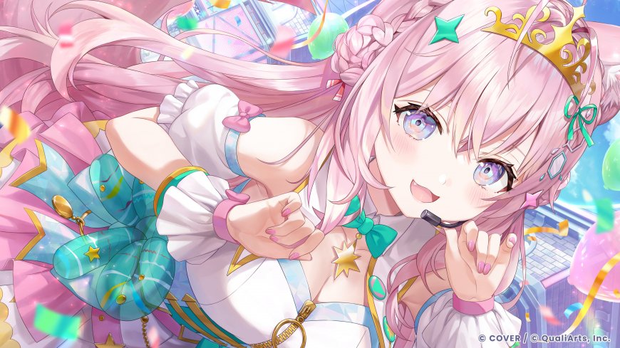 Hololive博衣小夜璃粉发猫耳偶像皇冠彩带特写动漫电脑壁纸