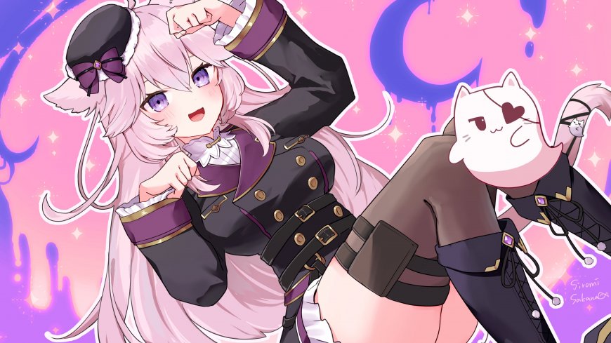 Hololive博衣小夜璃粉发猫耳少女黑丝俏皮姿势动漫电脑壁纸