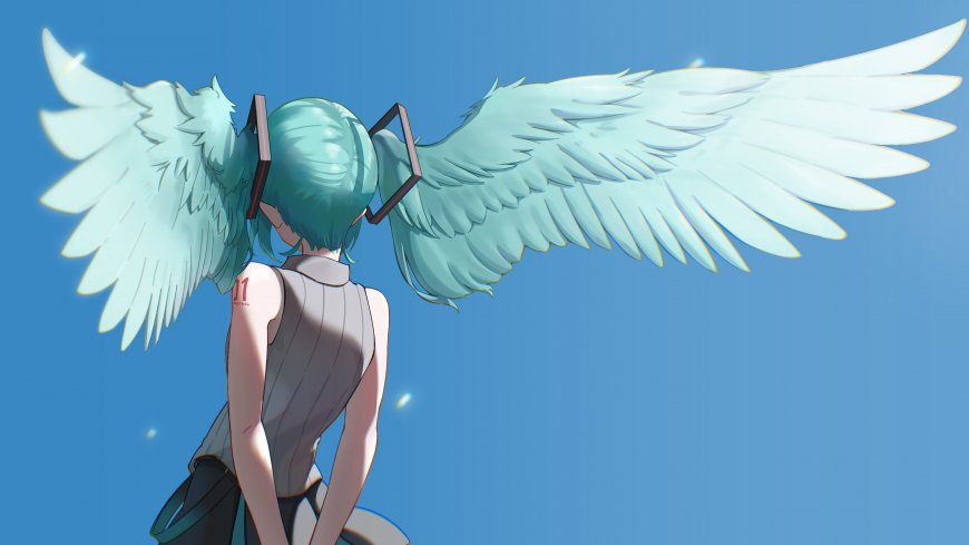 初音未来青发双马尾展翼背影蓝白动漫电脑壁纸