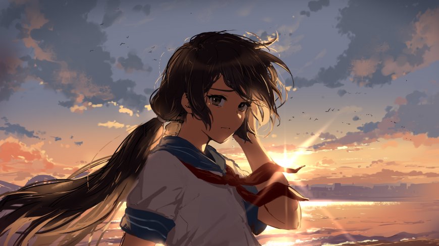 动漫少女海风夕阳棕发水手服暖橙情感文艺电脑壁纸
