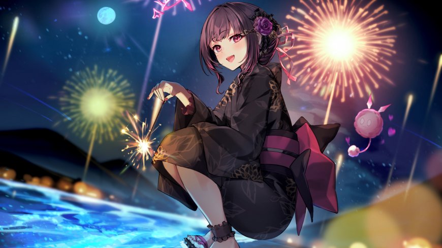 和服少女海边手持仙女棒夜空烟花动漫电脑壁纸