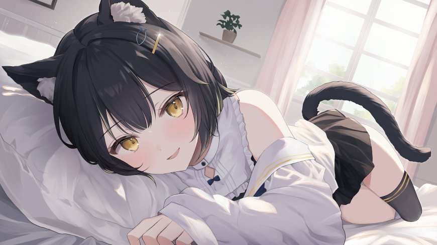 黑发猫耳少女金瞳微笑白裙卧室暖光动漫电脑壁纸