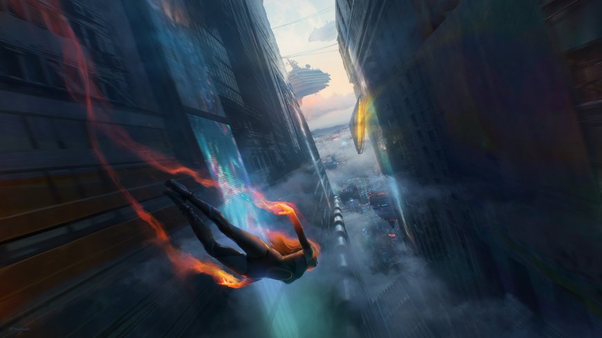 赛博朋克都市少女腾空飞跃蓝紫霓虹科幻电脑壁纸
