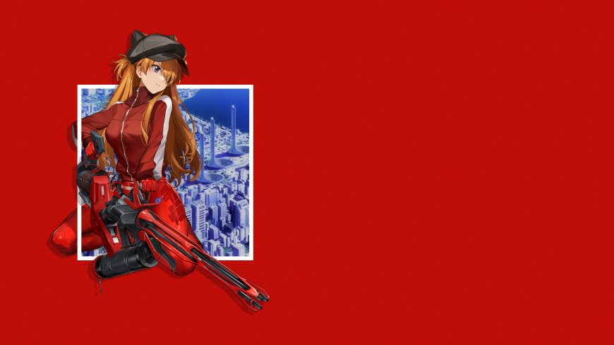 新世纪福音战士明日香红衣黑帽持枪少女动漫电脑壁纸