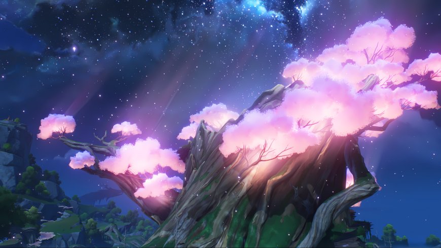 原神须弥粉色樱花树星空夜景风景动漫电脑壁纸