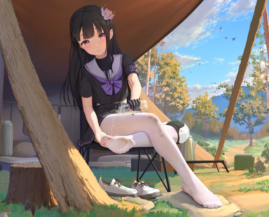 动漫少女露足洗脚黑发紫瞳帐篷野营蓝绿插画电脑壁纸