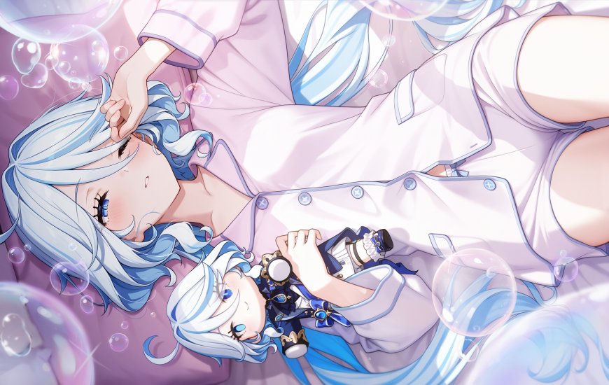 原神芙宁娜蓝白长发少女躺卧泡泡环绕粉紫动漫电脑壁纸