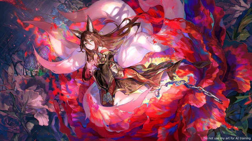 狐耳少女红焰花海飘逸长发粉紫梦幻动漫电脑壁纸