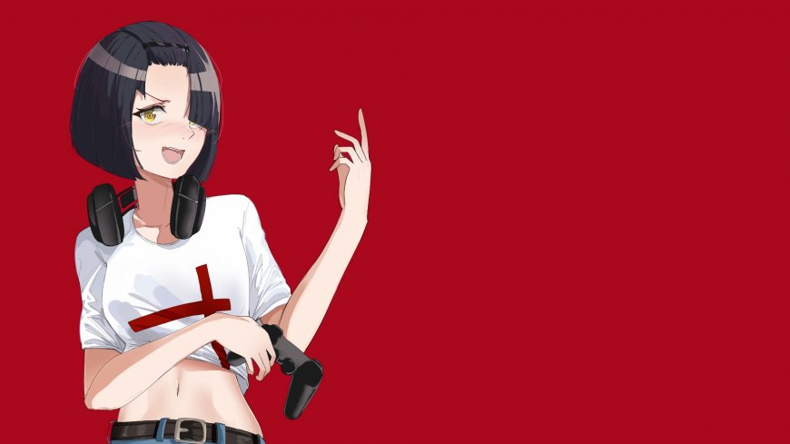 赛博朋克风格黑发黄瞳少女戴耳机持控制器红白动漫电脑壁纸