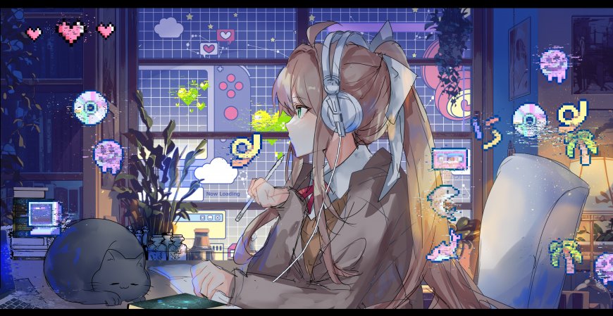 动漫少女戴耳机写作业像素特效蓝紫梦幻风格电脑壁纸