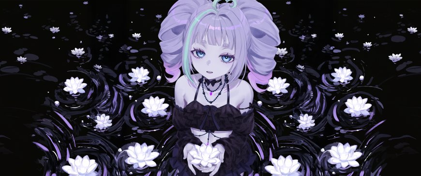 紫发双马尾少女手捧白莲暗紫梦幻动漫电脑壁纸