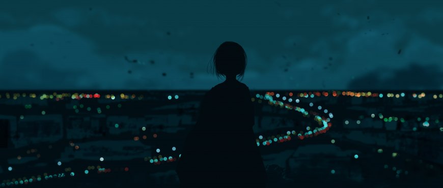 夜景城市灯火斑斓短发少女背影深蓝创意动漫电脑壁纸